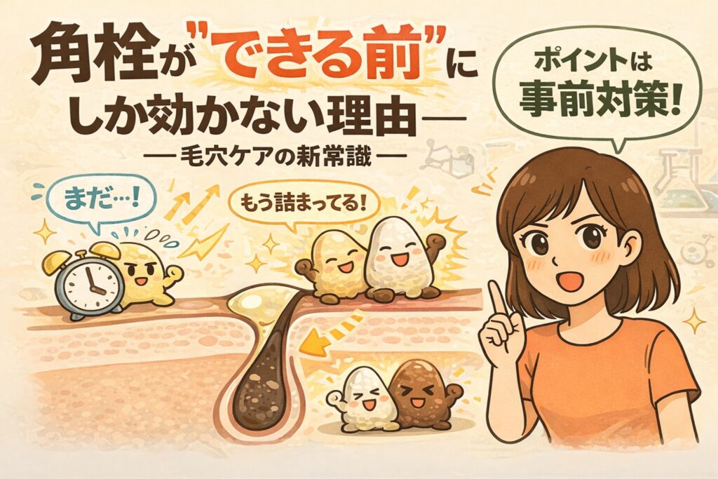 角栓は「できてから」ではなく「できる前」の対策が重要であることを解説した図解イラスト。皮脂がたまり角栓化する前の段階でケアする必要性を、毛穴断面図、時間経過を示す時計、擬人化された角質・皮脂キャラクターと解説役の人物でわかりやすく示している。
