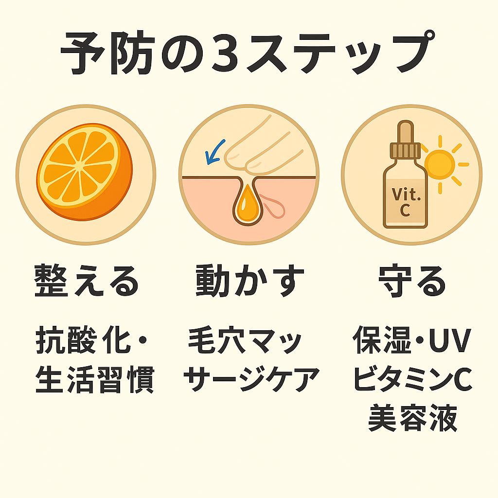 毛穴ケアの予防3ステップを示す図解。
左から「整える(抗酸化・生活習慣/オレンジのイラスト)」「動かす(毛穴マッサージケア/指で皮脂を流すイラスト)」「守る(保湿・UV・ビタミンC美容液/美容液ボトルと太陽のイラスト)」が並んでいる。