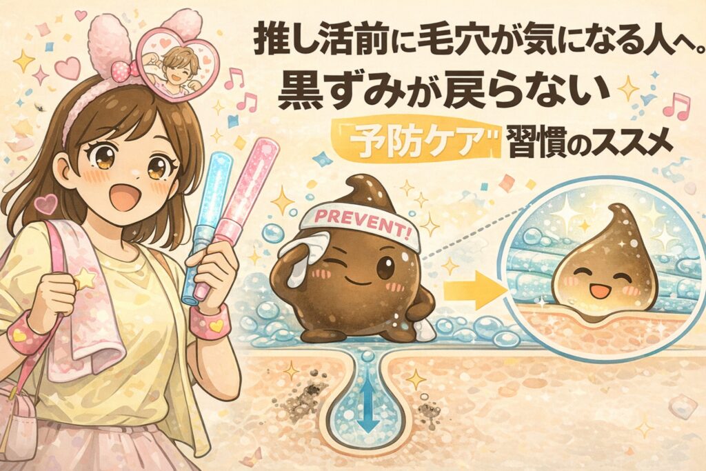 推し活前に毛穴の黒ずみが気になる人向けに、黒ずみが戻らないための「予防ケア習慣」を解説するイラスト。ペンライトを持つ女性と、予防を象徴する帽子をかぶった角栓キャラクター、毛穴断面で詰まりが防がれてスッキリした状態を対比し、イベント前でも安心できる毛穴ケアの考え方を表現している構図。