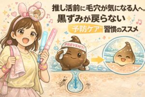 推し活前に毛穴の黒ずみが気になる人向けに、黒ずみが戻らないための「予防ケア習慣」を解説するイラスト。ペンライトを持つ女性と、予防を象徴する帽子をかぶった角栓キャラクター、毛穴断面で詰まりが防がれてスッキリした状態を対比し、イベント前でも安心できる毛穴ケアの考え方を表現している構図。