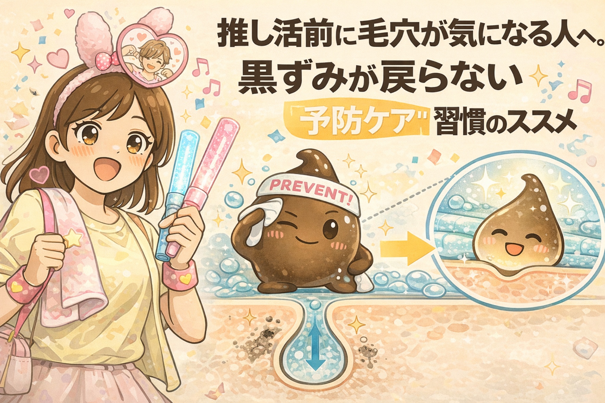 推し活前に毛穴の黒ずみが気になる人向けに、黒ずみが戻らないための「予防ケア習慣」を解説するイラスト。ペンライトを持つ女性と、予防を象徴する帽子をかぶった角栓キャラクター、毛穴断面で詰まりが防がれてスッキリした状態を対比し、イベント前でも安心できる毛穴ケアの考え方を表現している構図。