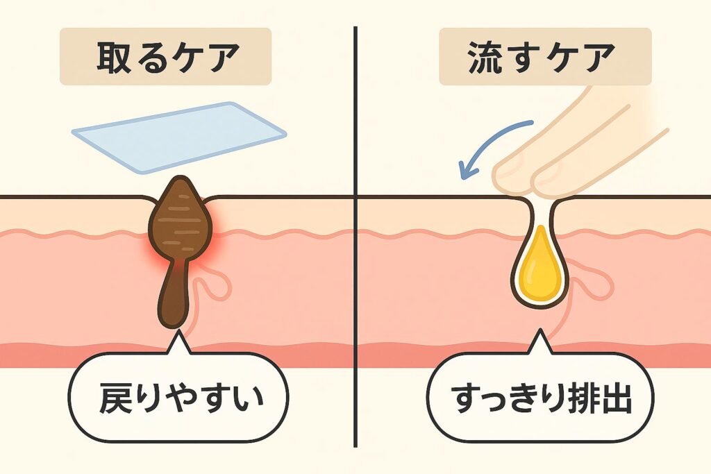 毛穴ケアの比較図。左は「取るケア」で毛穴パックにより角栓を無理やり抜き取り、赤く炎症している様子。「戻りやすい」と説明。右は「流すケア」で指によるやさしい圧で皮脂を自然に排出し、毛穴がきれいに保たれている様子。「すっきり排出」と説明されている。