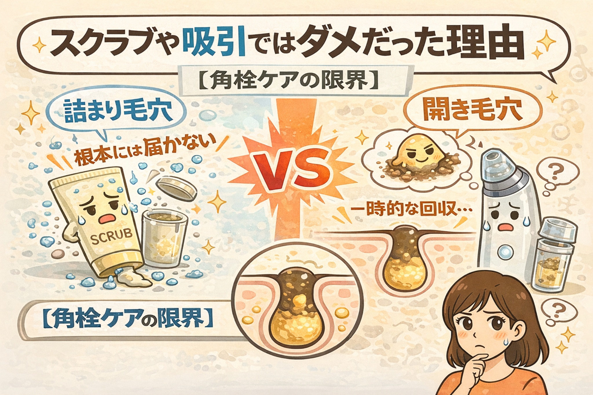 スクラブや吸引ケアが角栓ケアに向かない理由を解説した図解イラスト。詰まり毛穴ではスクラブが根本に届かず、開き毛穴では吸引が一時的な回収に留まる様子を、毛穴断面図と擬人化されたスクラブ・吸引機器のキャラクターで対比的に示している。