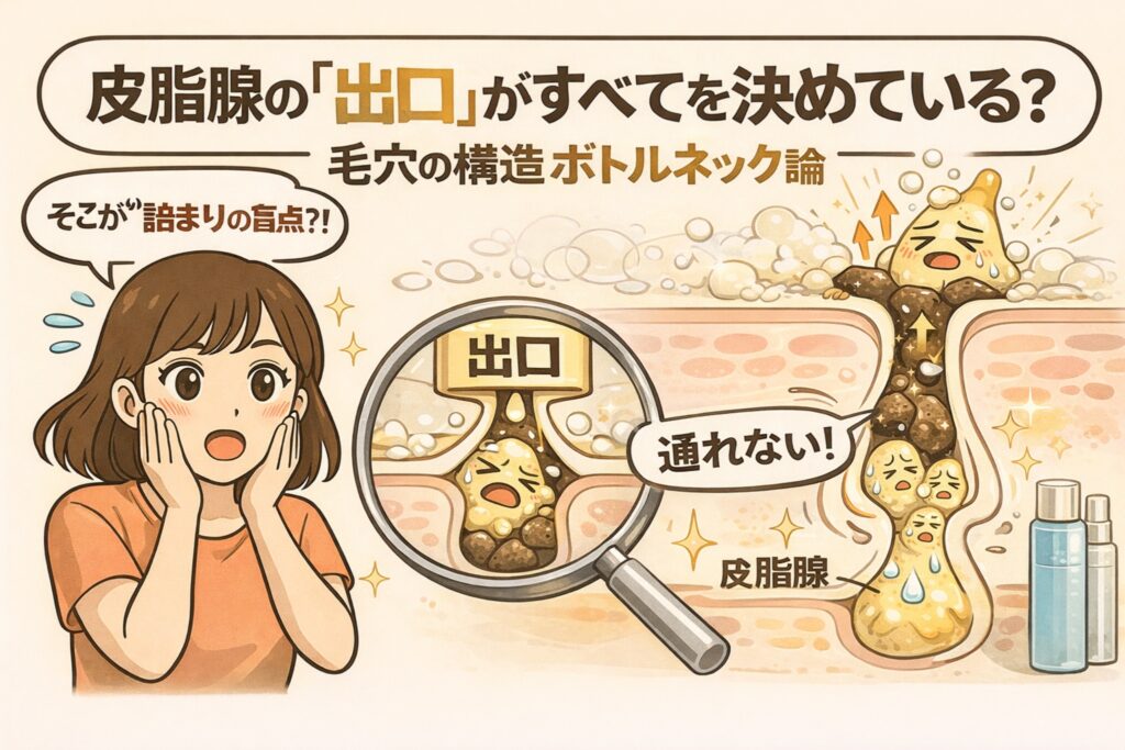 皮脂腺の「出口」が毛穴トラブルを左右するという構造ボトルネック論を解説したイラスト。毛穴の出口部分が詰まることで皮脂が通れず、内部に滞留して詰まりやすくなる仕組みを、拡大図と断面図でわかりやすく示している。