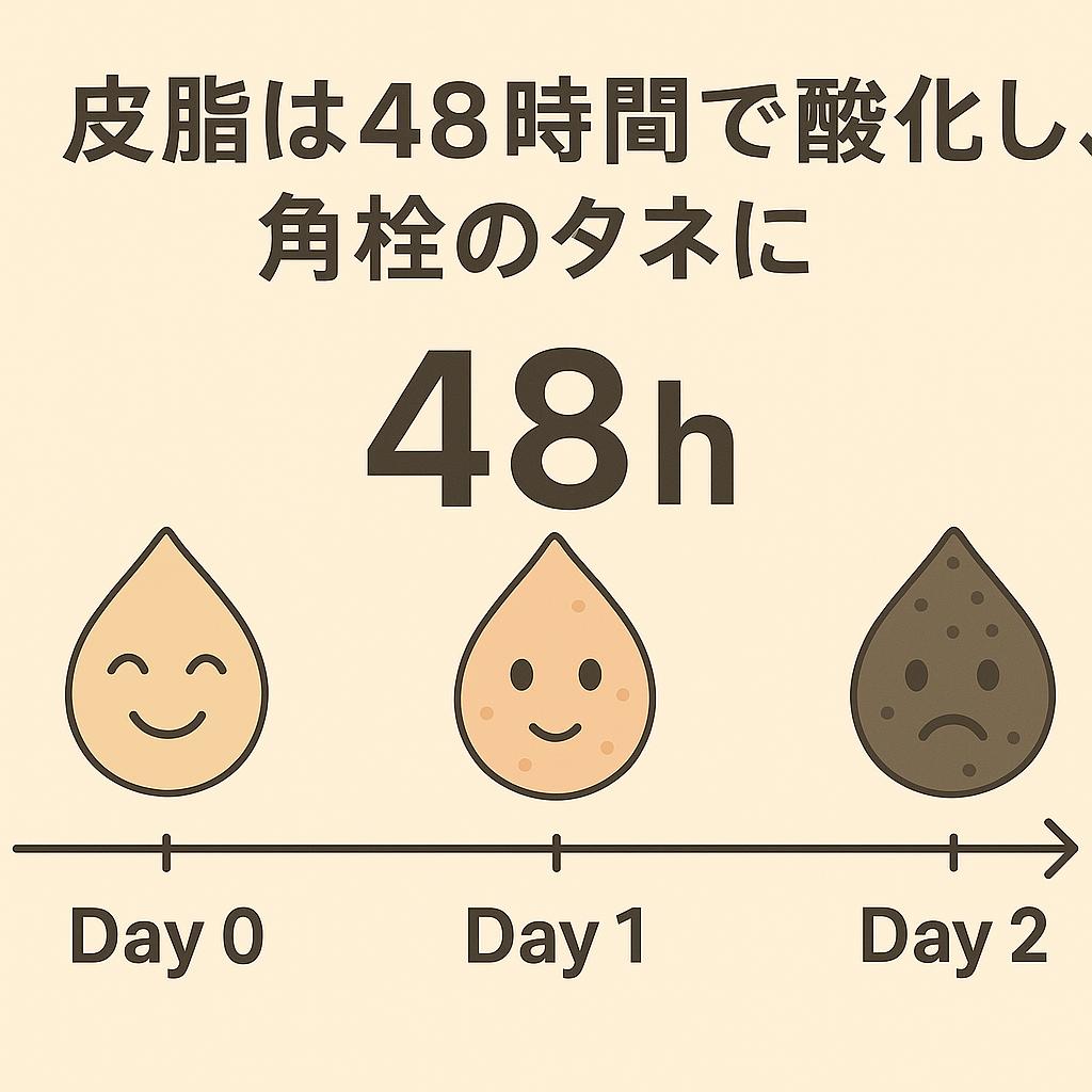 「皮脂が48時間で酸化して角栓のタネになることを示すインフォグラフィック。Day0の笑顔のしずくが、Day1では少し変化し、Day2では黒ずんで悲しい表情になる3コマのタイムライン。中央に大きく『48h』の文字。」