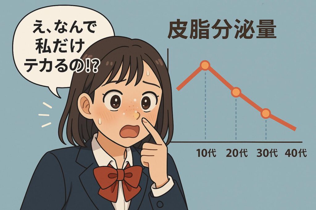 制服姿の女子高生が鼻のテカりに驚き、「え、なんで私だけテカるの!?」と吹き出しで言っているイラスト。右側には年齢別の皮脂分泌量グラフが描かれ、10代でピークを迎える様子が強調されている。