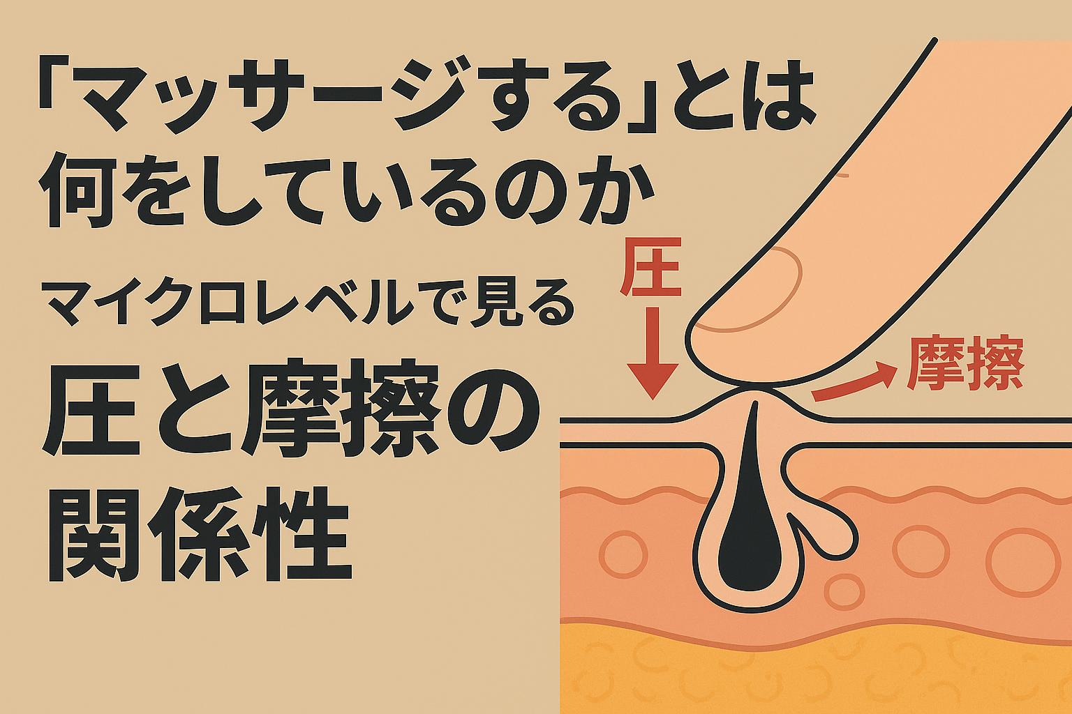 皮膚断面に指が押し当てられ、上下・左右の矢印で「圧」と「摩擦」が示された構造図。マッサージ刺激が肌に及ぼす物理的影響を図解する。