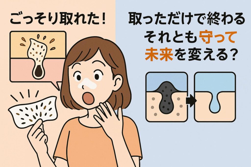 鼻パックで角栓がごっそり取れて驚く女性と、毛穴断面の比較イラスト。左側は「取っただけで終わる」毛穴(黒ずみが戻る)、右側は「守って未来を変える」毛穴(なめらかに整う)を対比し、キャッチコピー「取っただけで終わる? それとも守って未来を変える?」が描かれている。
