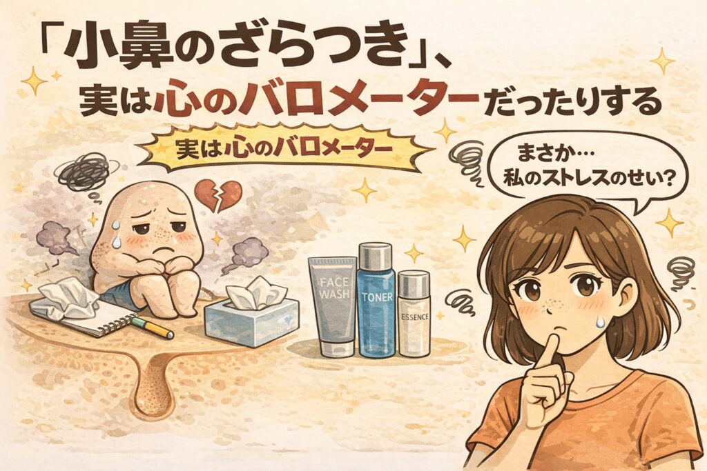 「小鼻のざらつき」が実は心やストレス状態のバロメーターであることを解説した図解イラスト。ストレスを抱えた状態で皮脂や角質の流れが乱れ、小鼻のざらつきとして現れる構造を、毛穴の擬人化表現とスキンケア用品、女性の表情で示している。