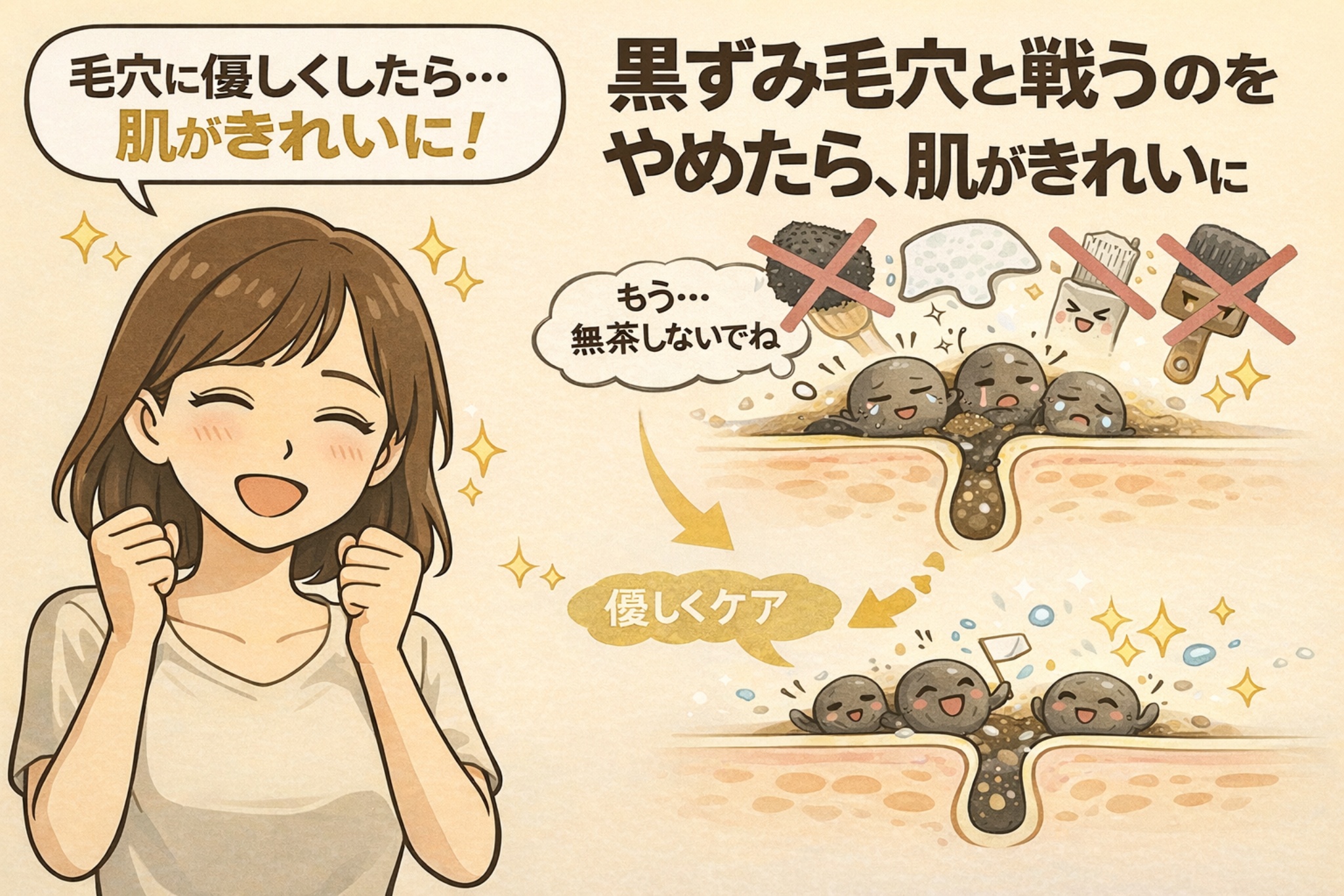 黒ずみ毛穴を無理に取ろうとするケアをやめ、毛穴に優しいケアへ切り替えることで肌状態が整っていく様子を描いたイラスト。強い角栓除去を拒否する毛穴断面と、優しくケアされて落ち着いた毛穴の対比が表現されている。