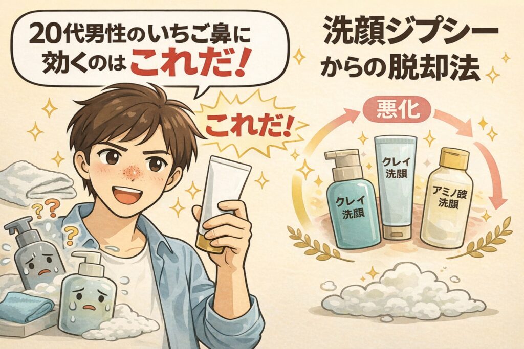 20代男性のいちご鼻対策を解説する図解イラスト。鼻の赤みや毛穴詰まりに悩む男性が、効果的なケアとしてチューブ型のアイテムを手に取る様子が描かれている。右側には洗顔ジプシーからの脱却をテーマに、クレイ洗顔やアミノ酸洗顔などを試しては悪化を繰り返すループ構造が示され、何を選ぶべきかを分かりやすく伝えている。