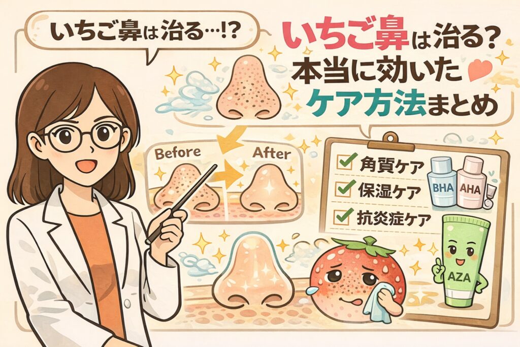 いちご鼻は本当に治るのかを解説し、実際に効果があったケア方法をまとめた図解イラスト。白衣の女性が指差しで説明し、鼻の黒ずみのBefore／After比較が示されている。右側のチェックリストには角質ケア・保湿ケア・抗炎症ケアが並び、AHAやBHA、アゼライン酸などの成分が描かれている。いちご鼻改善には複数のケアを組み合わせることが重要であるとわかりやすく伝えるビジュアル。