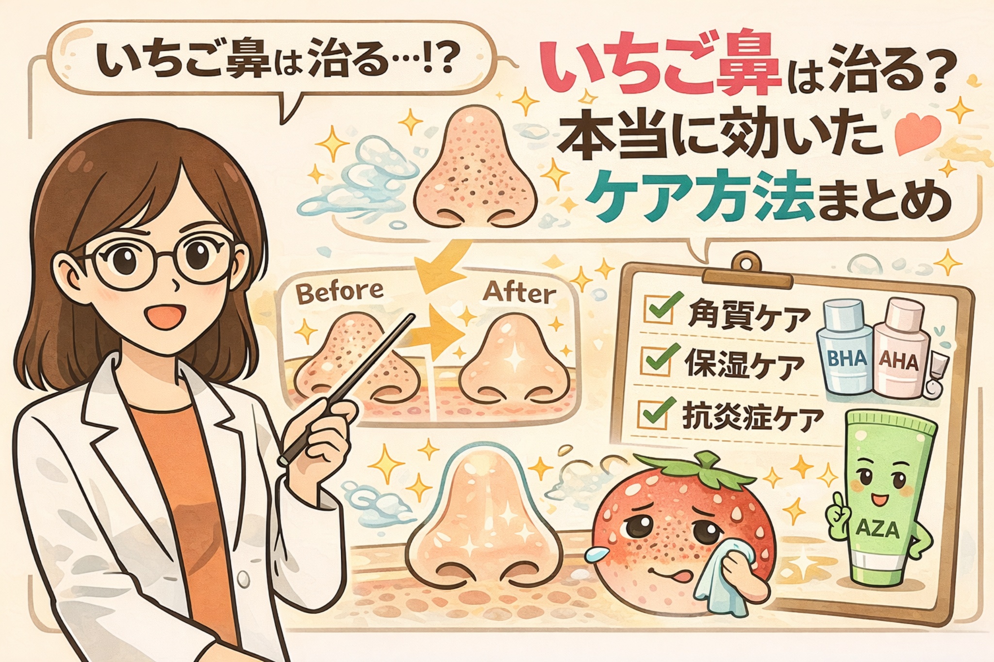 いちご鼻は本当に治るのかを解説し、実際に効果があったケア方法をまとめた図解イラスト。白衣の女性が指差しで説明し、鼻の黒ずみのBefore/After比較が示されている。右側のチェックリストには角質ケア・保湿ケア・抗炎症ケアが並び、AHAやBHA、アゼライン酸などの成分が描かれている。いちご鼻改善には複数のケアを組み合わせることが重要であるとわかりやすく伝えるビジュアル。