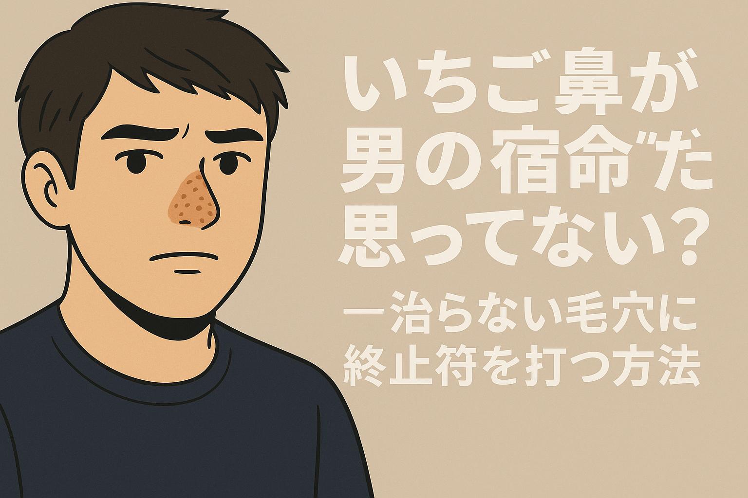いちご鼻の男性が正面を見据えながら、「いちご鼻は男の宿命だと思ってない？」という問いかけとともに、悩みを抱えた表情を浮かべている。ベージュ背景でやさしい印象の構成。