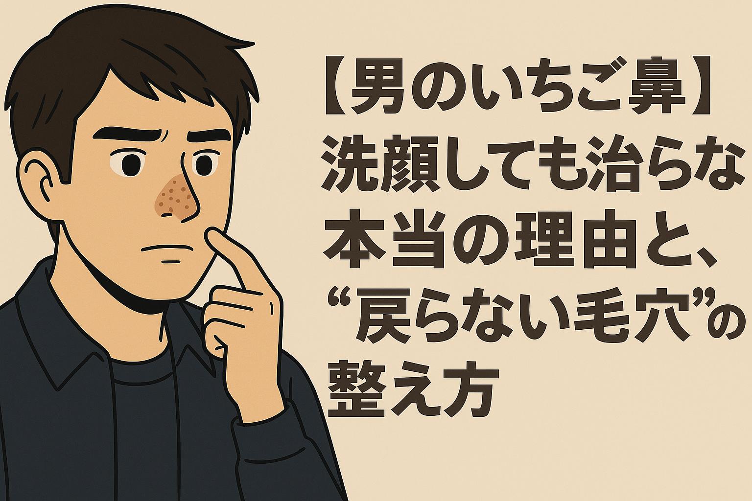 いちご鼻に悩む若い男性が鼻に触れながら考え込む姿。背景には「洗顔しても治らない理由」と「戻らない毛穴の整え方」が大きく描かれ、落ち着いたベージュ基調の構成。