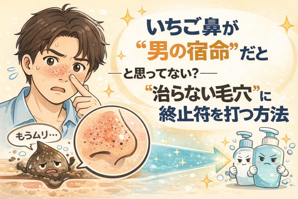 いちご鼻は「男の宿命」ではないことを伝える図解イラスト。鼻の黒ずみに悩む男性と拡大された毛穴の黒ずみを示し、「治らない毛穴」に終止符を打つための正しい洗顔やケア方法があることを訴求している。