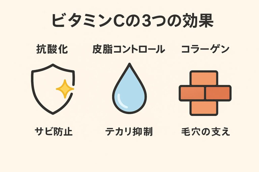 「ビタミンCの3つの効果を示す図。左に盾のアイコンと『抗酸化・サビ防止』、中央に水滴アイコンと『皮脂コントロール・テカリ抑制』、右にレンガ状のアイコンと『コラーゲン・毛穴の支え』と表示されている。」