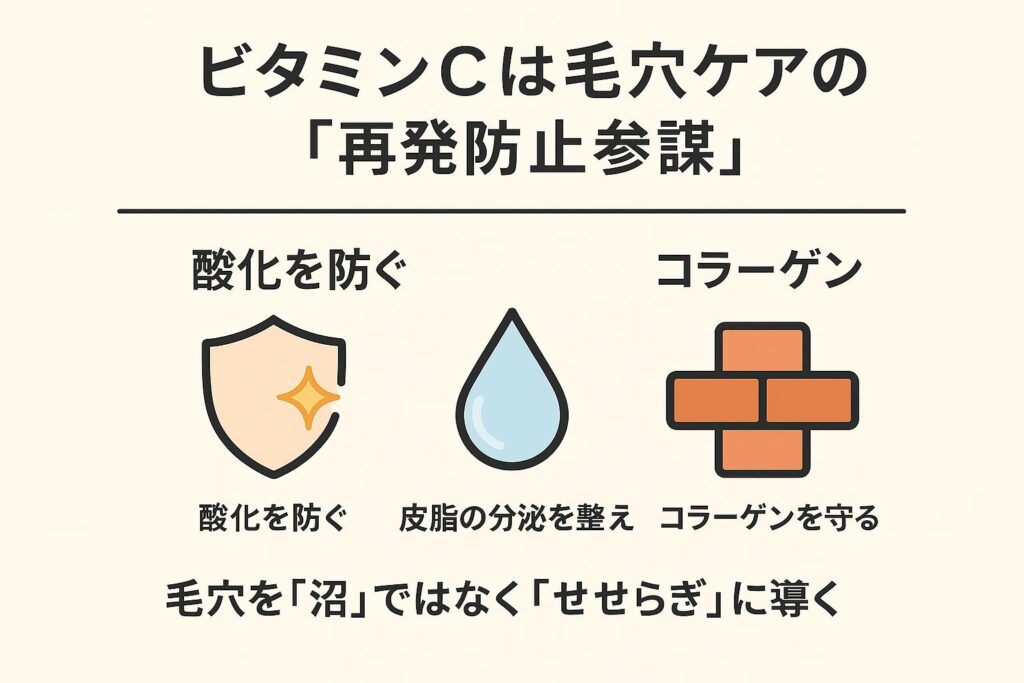 「ビタミンCは毛穴ケアの『再発防止参謀』と題したまとめ図。盾のアイコンで酸化を防ぐ、水滴アイコンで皮脂の分泌を整える、レンガアイコンでコラーゲンを守ると示され、最後に“毛穴を沼ではなくせせらぎに導く”と強調されている。」