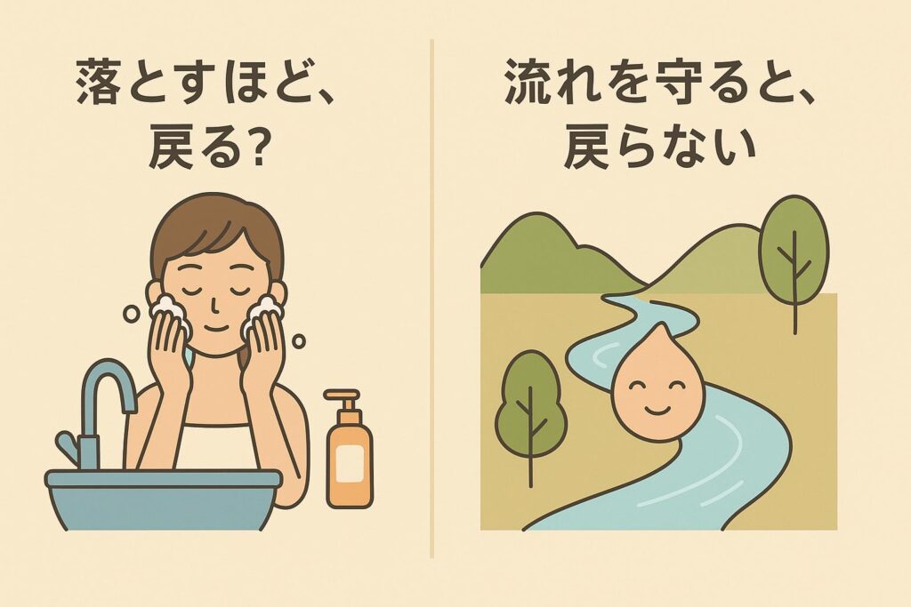 「左側に女性が洗顔しているイラストと『落とすほど、戻る？』のテキスト。右側にせせらぎの流れと笑顔の水滴キャラクターが描かれ、『流れを守ると、戻らない』と書かれている、2カラムの対比図。」