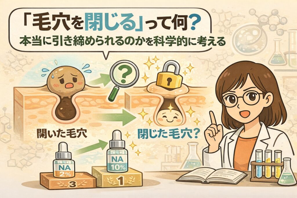 「毛穴を閉じる」とは何かを科学的に考えるイラスト。開いた毛穴と“閉じたように見える毛穴”を比較し、成分使用やケアによって毛穴の見え方が変わる仕組みを断面図で解説している。