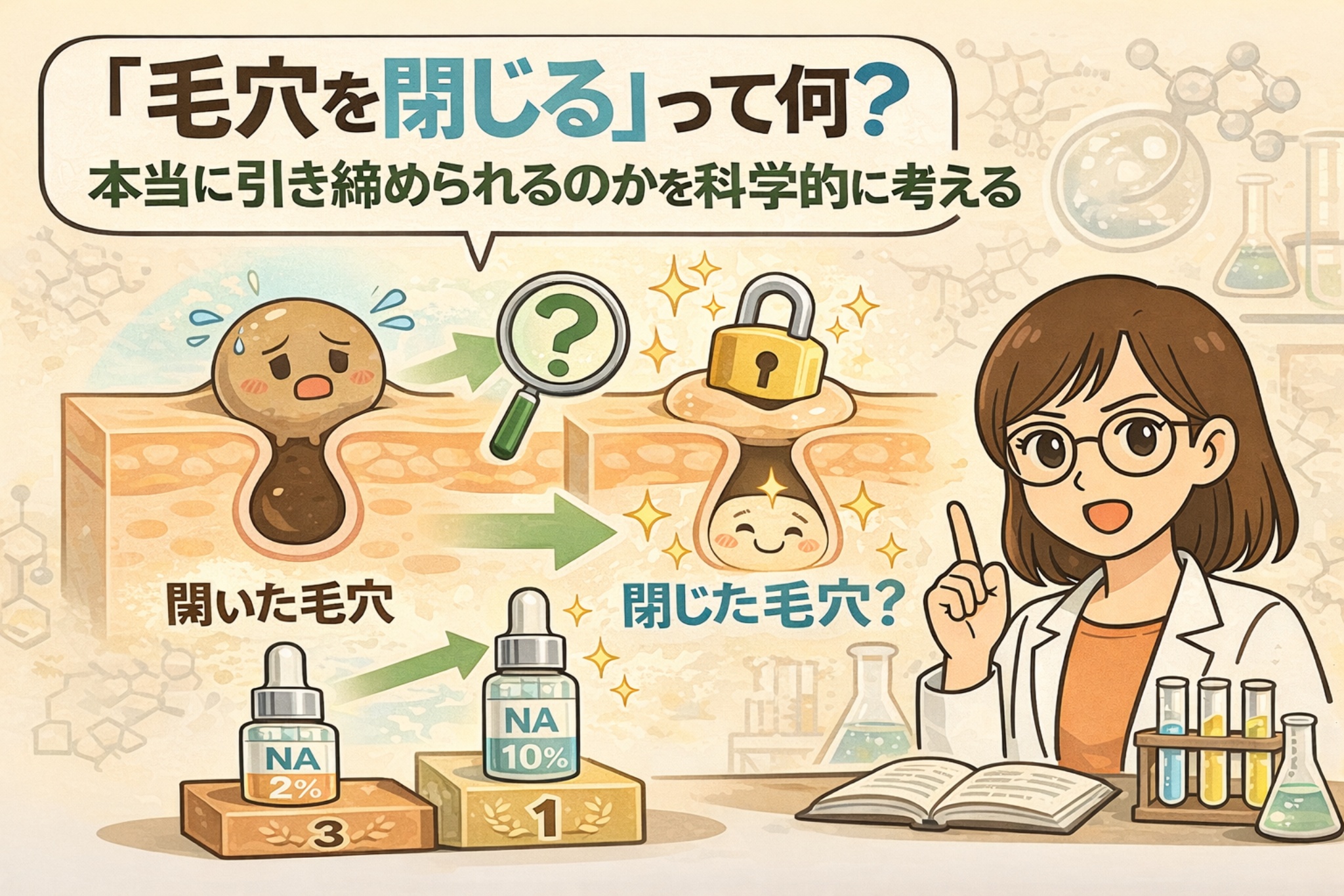 「毛穴を閉じる」とは何かを科学的に考えるイラスト。開いた毛穴と“閉じたように見える毛穴”を比較し、成分使用やケアによって毛穴の見え方が変わる仕組みを断面図で解説している。