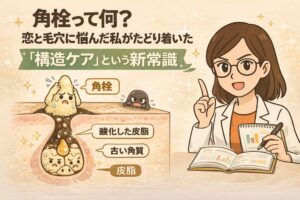 角栓とは何かを解説するイラスト。毛穴断面図の中で、皮脂・古い角質・酸化した皮脂が重なって角栓が形成される構造を擬人化キャラクターで表現し、「構造ケア」という新しい考え方を白衣を着た女性が指差しで説明している。