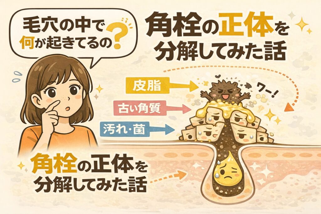 毛穴の中で何が起きているのかを、角栓の構成要素（皮脂・古い角質・汚れや菌）として分解して解説したイラスト図解。毛穴断面図を用いて、角栓がどのように重なり合って形成されるかを視覚的に示し、角栓の正体をわかりやすく伝えている。