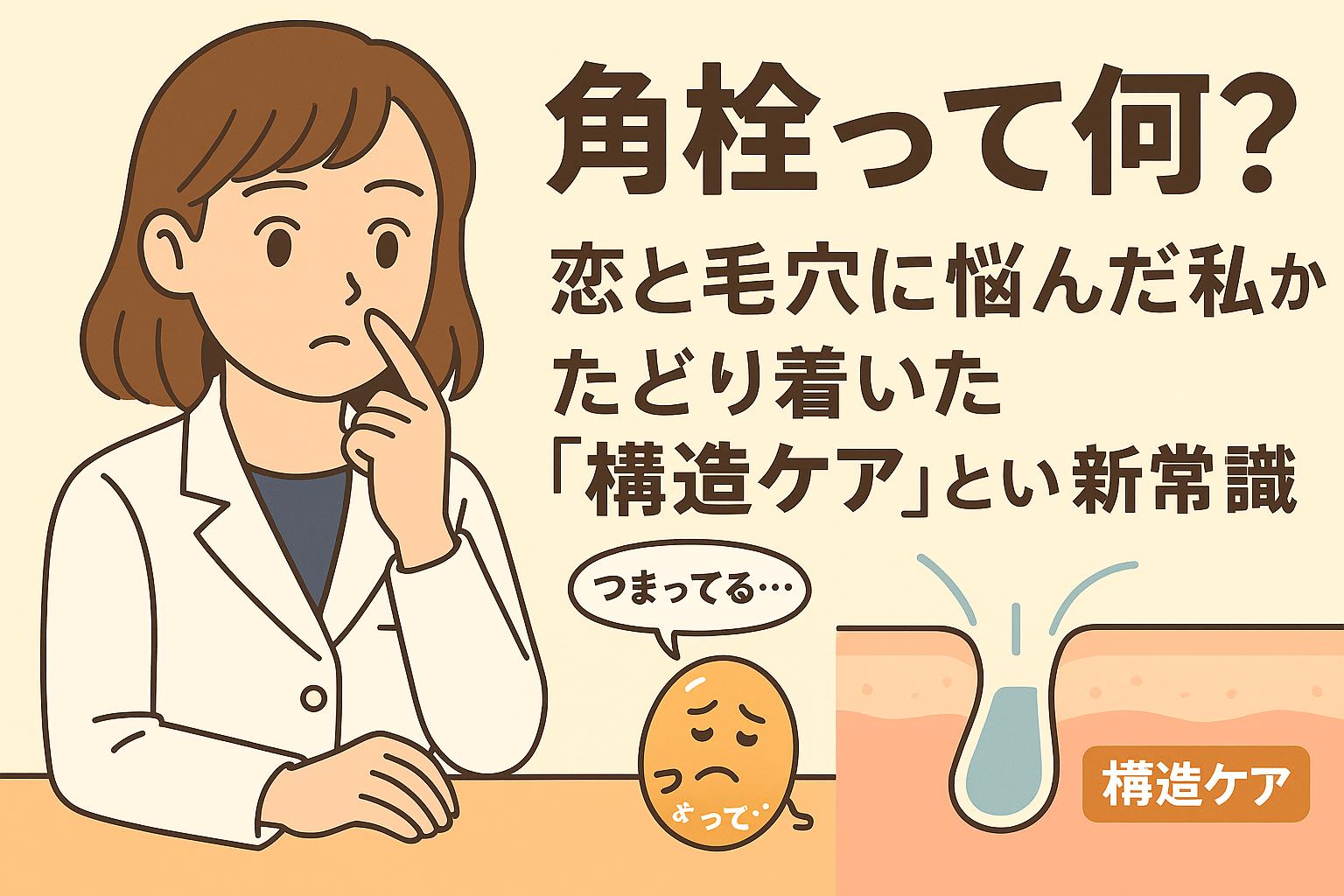 「白衣姿のちふゆが鼻を気にするシーン。横には『角栓って何?恋と毛穴に悩んだ私がたどり着いた「構造ケア」という新常識』の文字と、角栓が詰まった毛穴がケアによってすっきりする断面図が描かれたイラスト」