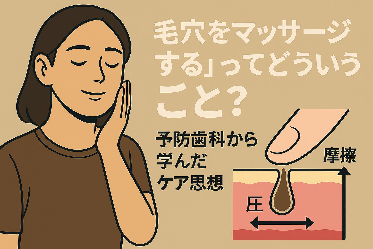 女性が頬に手を当ててマッサージしている様子とともに、「毛穴をマッサージするってどういうこと？」という問いと「予防歯科から学んだケア思想」を表現したビジュアル。