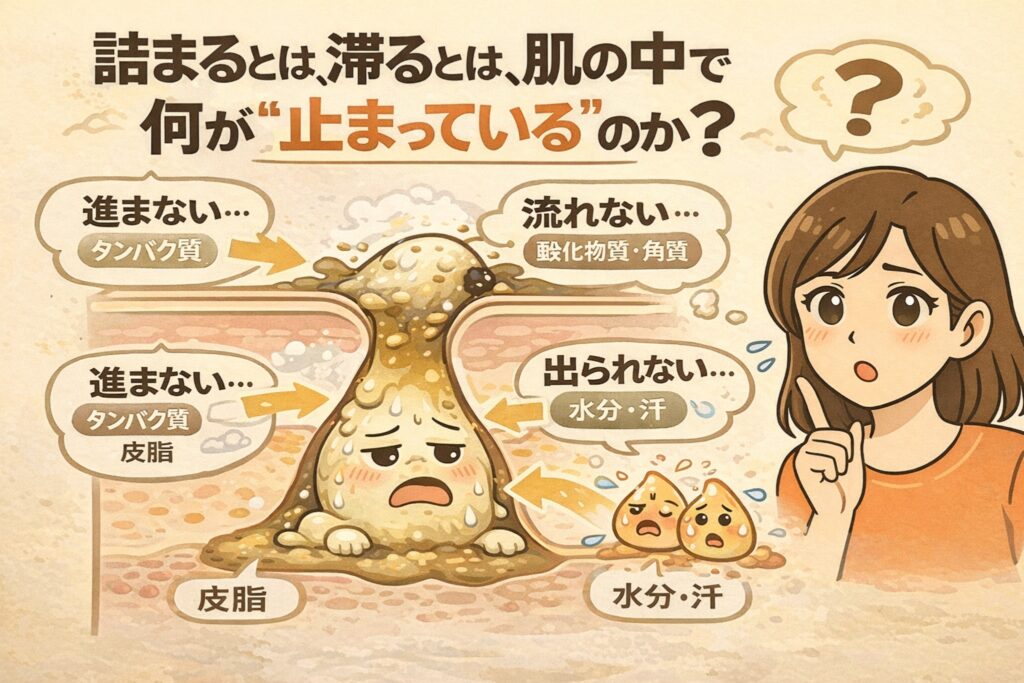 毛穴が詰まる・滞る状態とは、皮脂・タンパク質・酸化物質・角質・水分や汗などの流れが肌の中で止まっている状態であることを示した図解イラスト。毛穴断面で「進まない」「流れない」「出られない」要素が重なり合う構造を、キャラクター表現でわかりやすく説明している。