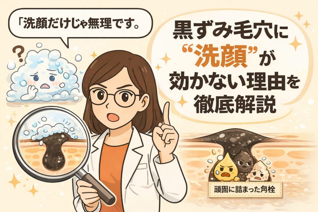 黒ずみ毛穴に洗顔が効かない理由を構造的に解説した図解イラスト。洗顔泡では毛穴奥に固着した角栓まで届かないことを、拡大ルーペと毛穴断面図で示し、「洗顔だけでは無理」という結論を白衣の女性が説明している。