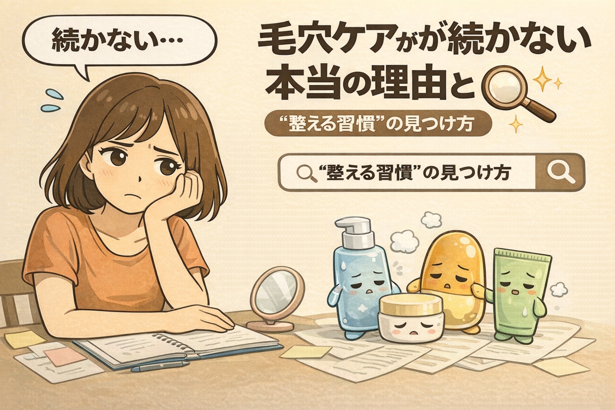 毛穴ケアが続かない本当の理由を解説した図解イラスト。悩む女性と、使い切れず疲れているスキンケアアイテムの擬人化を通して、「アイテム選び」ではなく“整える習慣”を見つけることが継続の鍵であると示している。