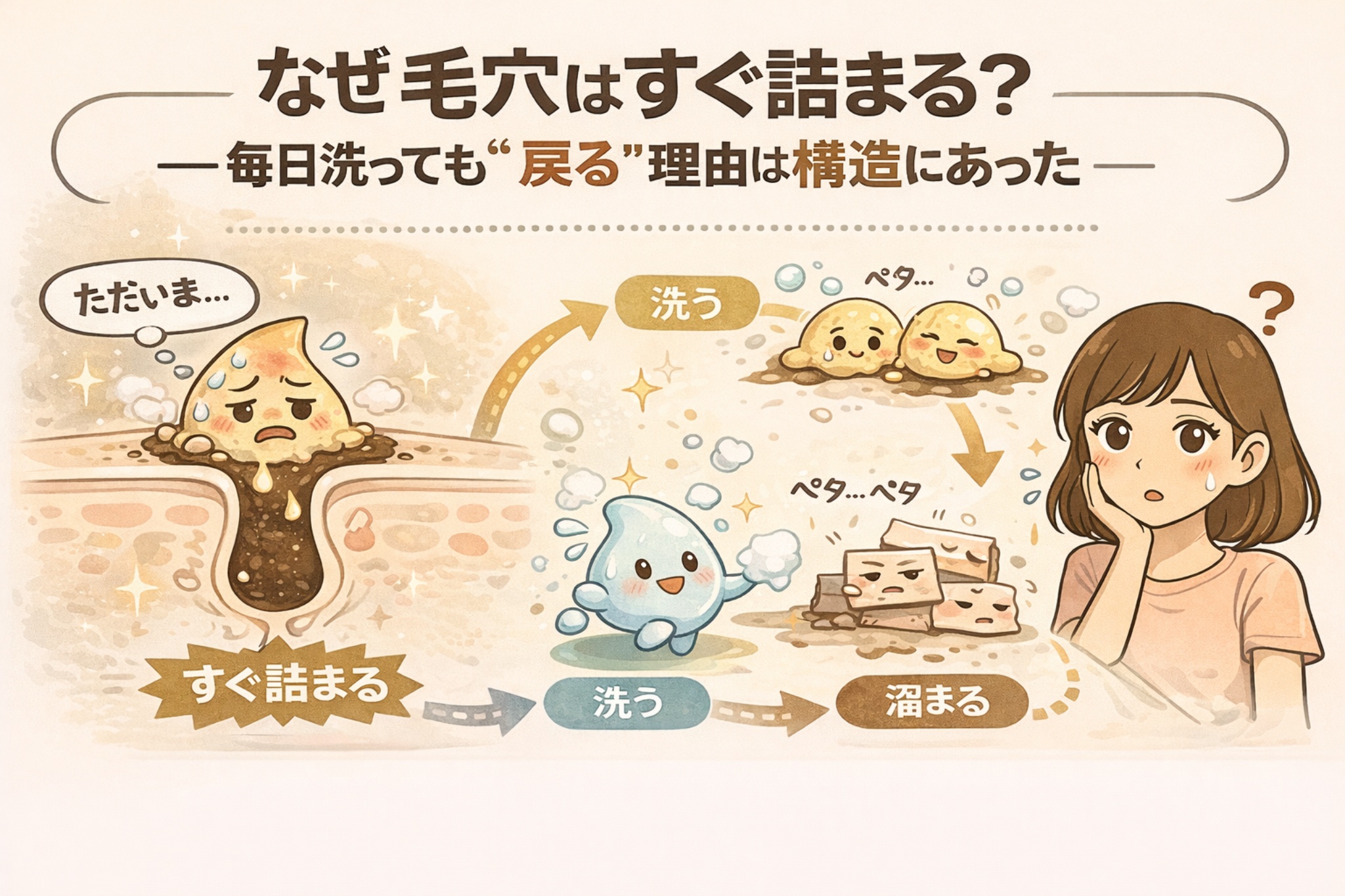 毎日洗っても毛穴がすぐ詰まる理由を構造的に解説したイラスト。洗浄後に皮脂や角質が再び溜まり、時間とともに詰まりが戻る流れを図解し、「戻る原因は毛穴構造にある」という考え方をわかりやすく示している。