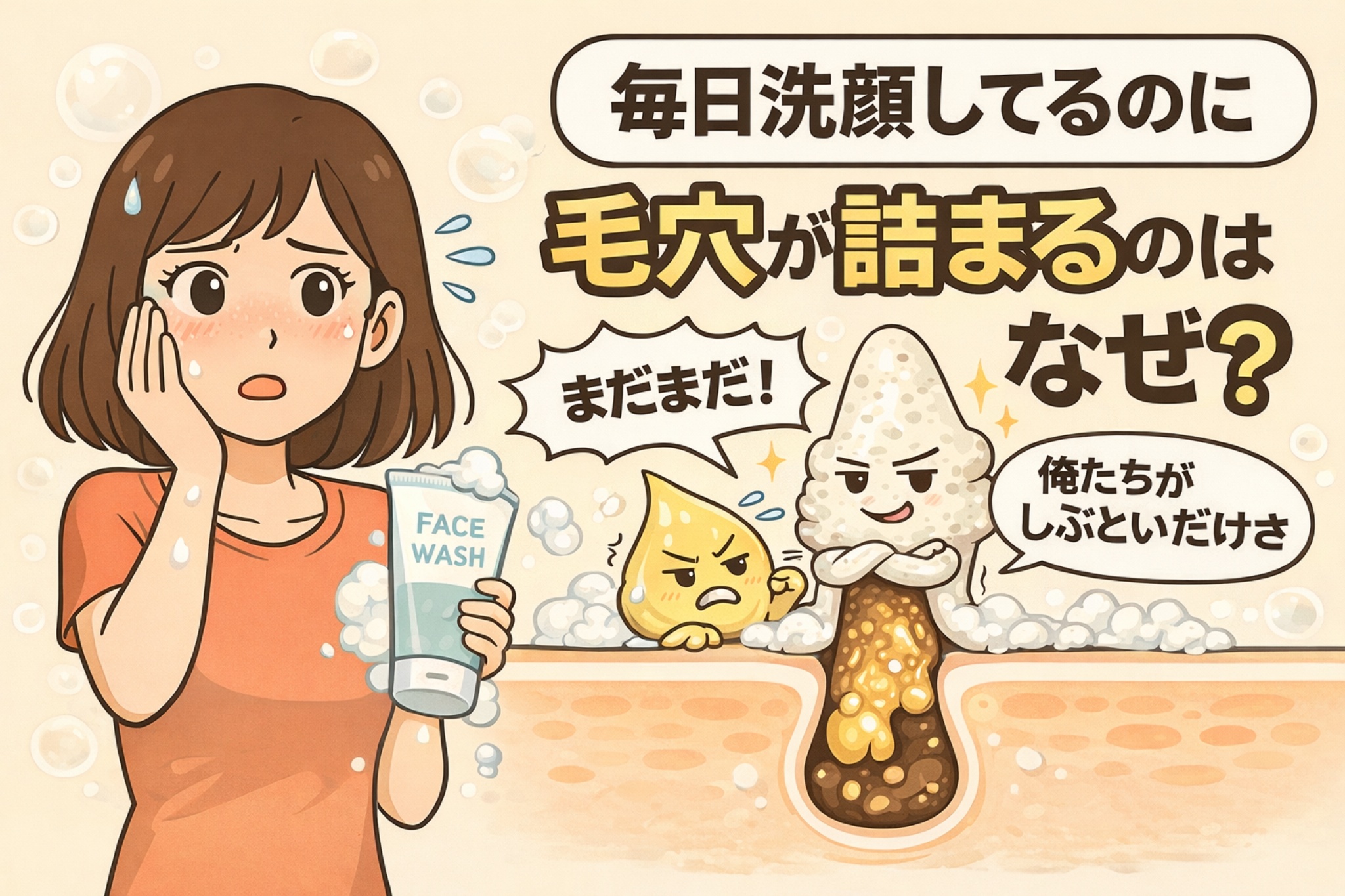 毎日洗顔しているのに毛穴が詰まる理由を、洗顔料を持って悩む女性と、毛穴内部に残る皮脂や角質を擬人化したキャラクターで表現した解説イラスト。