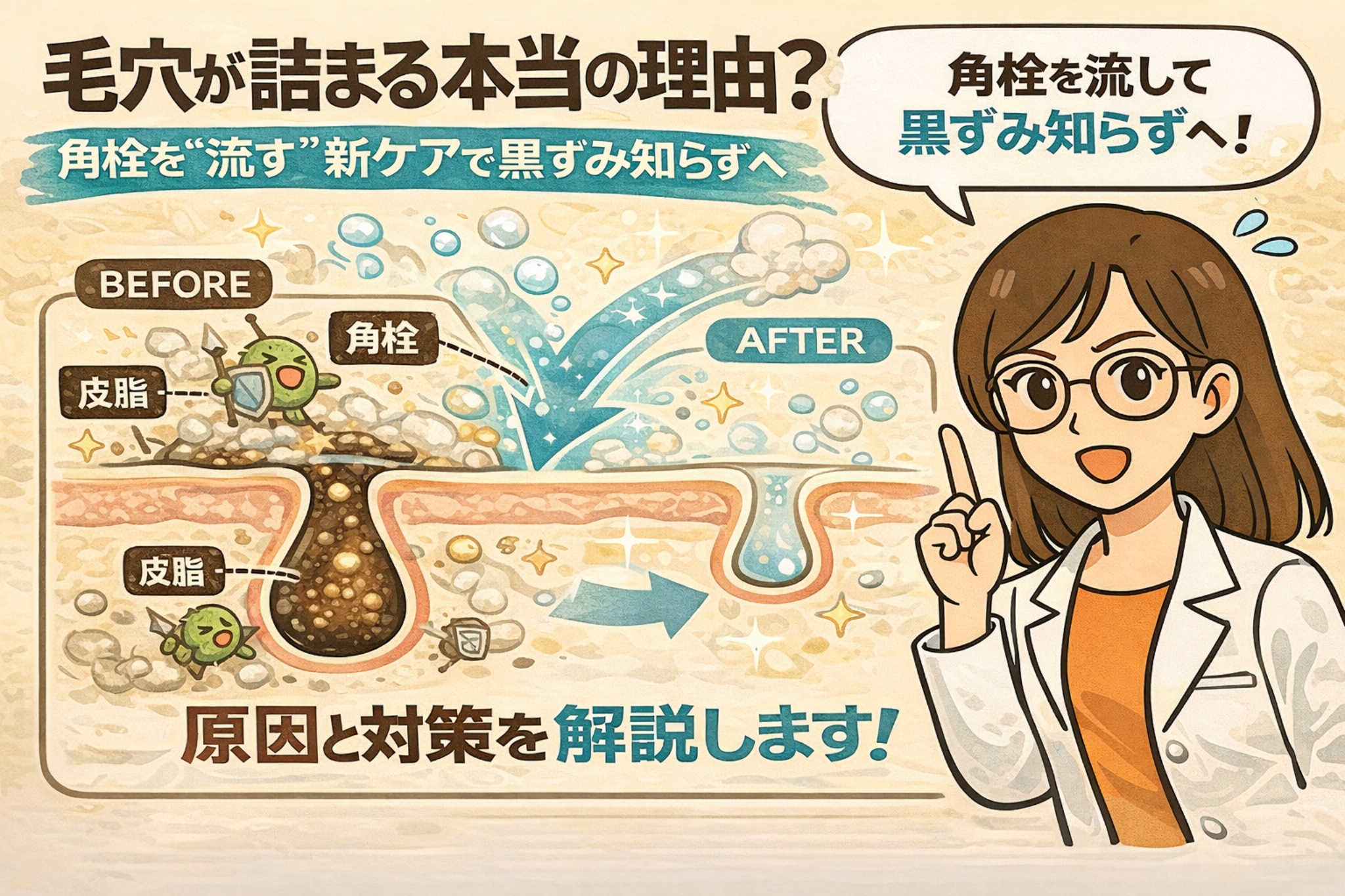 毛穴が詰まる本当の理由を、角栓の「流れ」に着目して解説した図解イラスト。BEFOREでは皮脂と角質が固まって毛穴を塞いでいる状態、AFTERでは角栓が流れて毛穴がクリアになる状態を比較し、黒ずみを防ぐ新しいケアの考え方を白衣の女性が説明している。