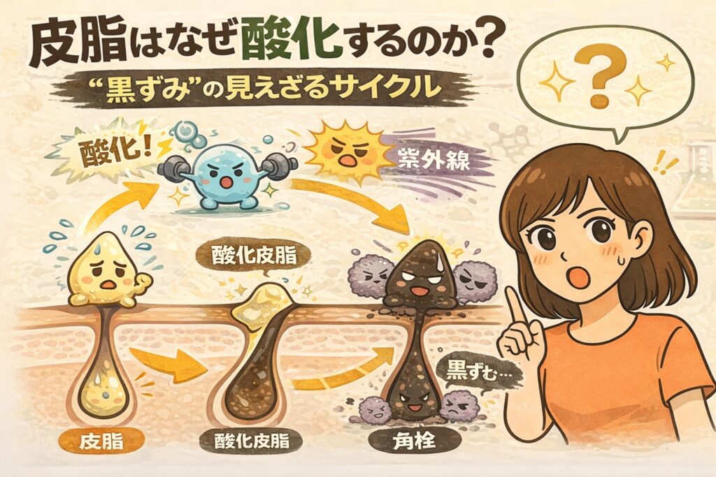 皮脂がなぜ酸化して黒ずみに見えるのかを、紫外線や空気に触れることで進む酸化サイクルとして解説したイラスト。皮脂→酸化皮脂→角栓→黒ずみへと変化する流れを、毛穴断面図と擬人化キャラクターでわかりやすく示している。