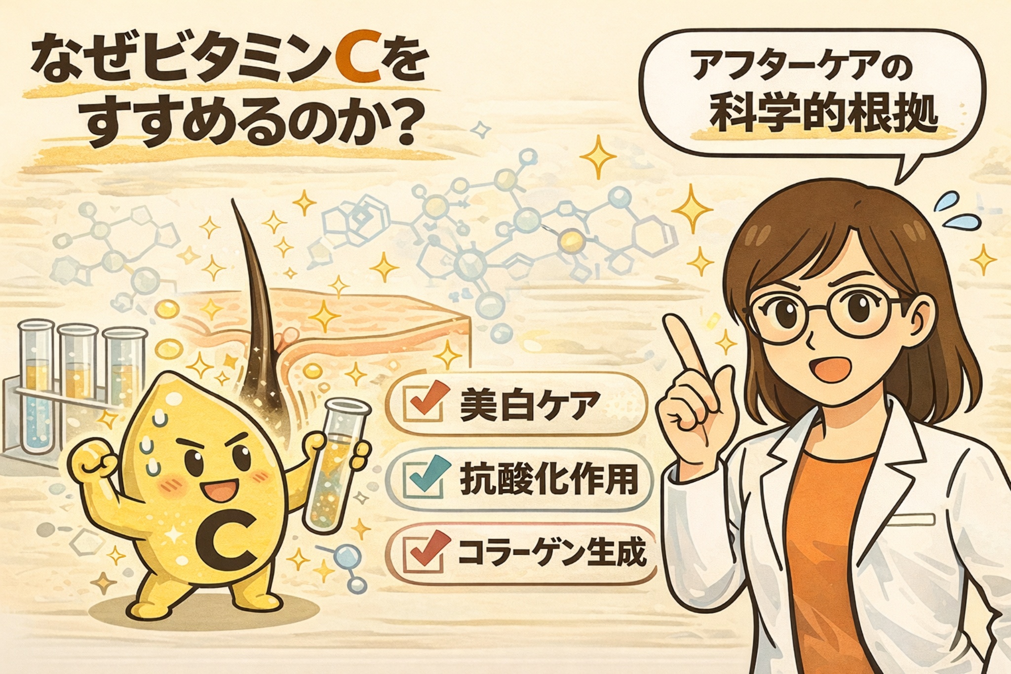 毛穴ケア後のアフターケアとしてビタミンCをすすめる科学的理由を解説する図解イラスト。ビタミンCを擬人化したキャラクターが試験管を持ち、毛穴断面図とともに美白ケア、抗酸化作用、コラーゲン生成といった働きがチェックリスト形式で示されている。右側では白衣の女性が指差しで説明し、ビタミンCが肌の回復と毛穴ケアに有効である根拠をわかりやすく伝えるビジュアル。
