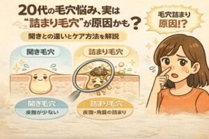 20代の毛穴悩みの原因が「詰まり毛穴」にある可能性を解説するイラスト。開き毛穴と詰まり毛穴の断面構造を比較し、詰まり毛穴では皮脂と角質が毛穴内に詰まっている様子を拡大表示。鼻を気にする女性とともに、原因の違いとケア方法を分かりやすく示している構図。