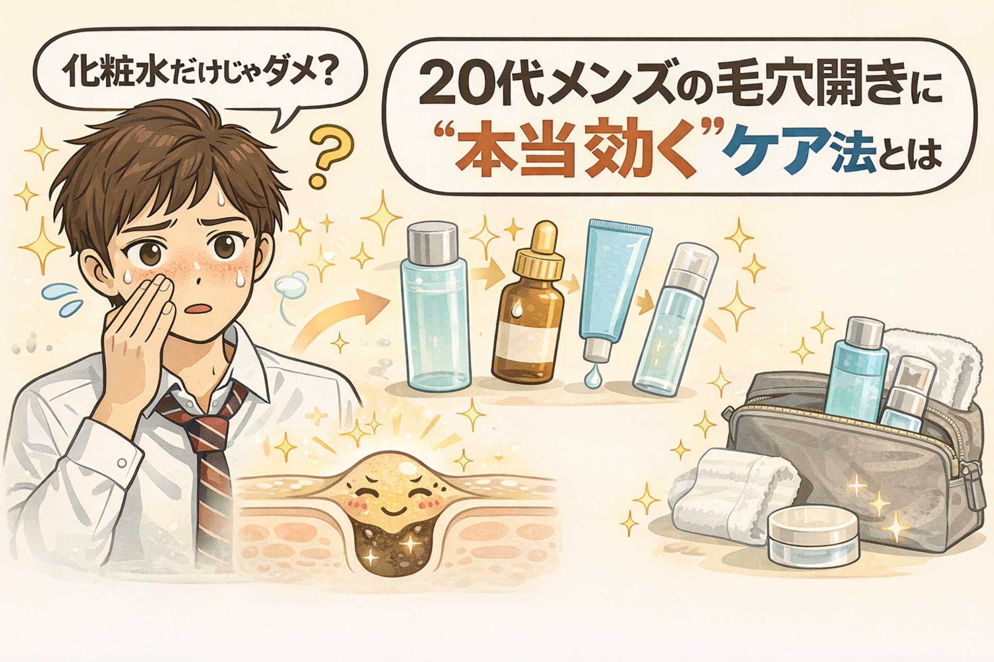 20代メンズの毛穴開きに本当に効果的なケア方法を解説するイラスト。化粧水だけでよいのか悩む若い男性と、スキンケアアイテムの正しい使い順、毛穴断面図を描き、保湿やケアの組み合わせが毛穴状態に影響することをわかりやすく表現している。