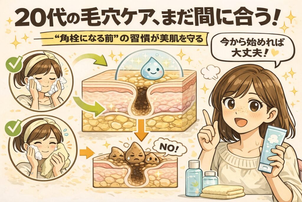 20代の毛穴ケアはまだ間に合うことを伝える図解イラスト。「20代の毛穴ケア、まだ間に合う！“角栓になる前”の習慣が美肌を守る」という見出しのもと、洗顔後の正しいケアで皮脂が角栓化する前に防げる様子が、毛穴断面のビフォー・アフターで描かれている。左側には日常ケアのチェックイラスト、中央には健やかな毛穴構造、右側には前向きにケアを始める女性が描かれ、今から始めれば改善できるという安心感を与える教育用ビジュアル。