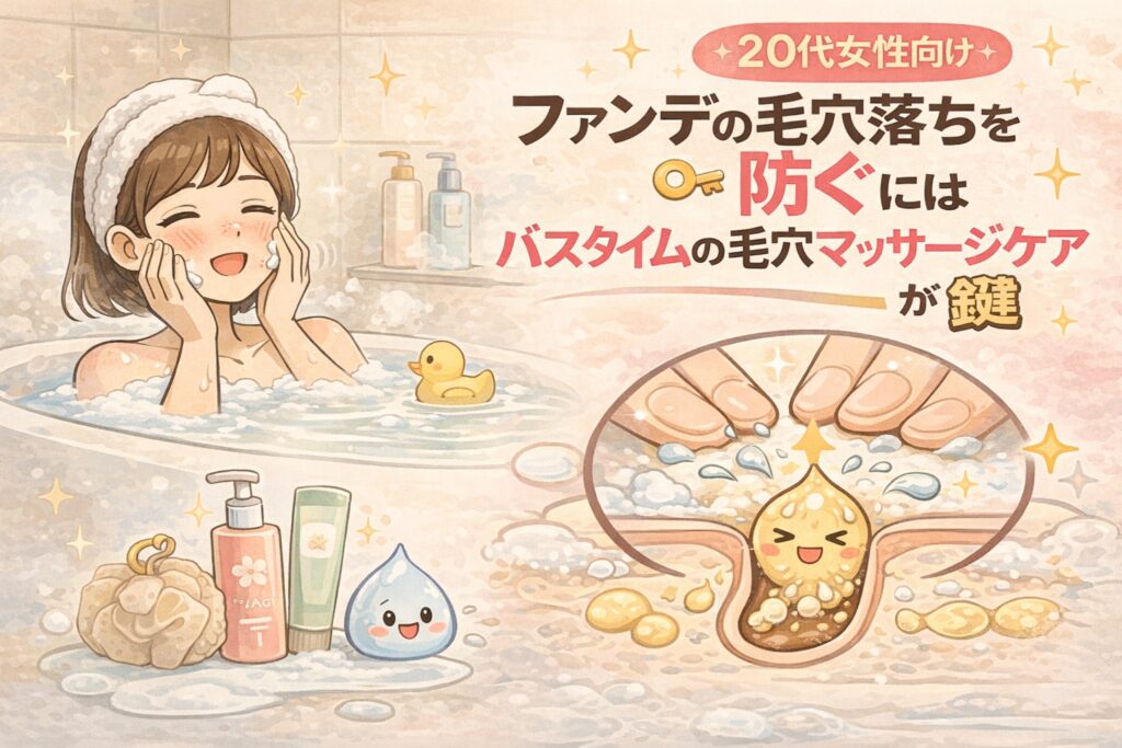 【20代女性向け】ファンデーションの毛穴落ちを防ぐ方法を、夜のバスタイムに行う毛穴マッサージケアの視点から解説したイラスト。入浴中に毛穴をやさしく動かすことで皮脂や角栓の流れが整い、翌日のメイク崩れを防ぎやすくなる仕組みを、毛穴断面図とバスタイムのシーンで示している。