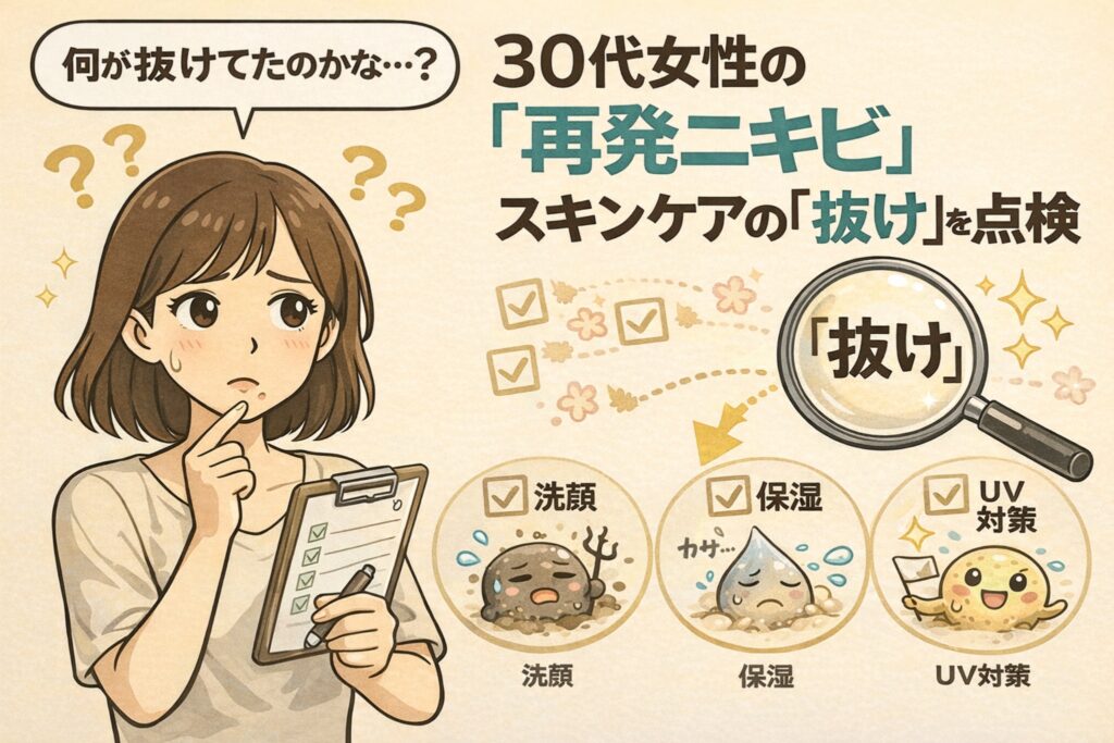 30代女性の再発ニキビについて、スキンケアの「抜け」を点検する様子を描いたイラスト。悩む女性がチェックリストを見直し、洗顔・保湿・UV対策の各工程を確認しながら、不足が再発につながる可能性を示している。