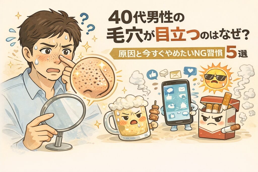 40代男性の毛穴が目立つ理由を解説したイラスト。拡大した毛穴の見え方とともに、皮脂分泌、紫外線、喫煙、飲酒、スマホ中心の生活習慣など、今すぐ見直したいNG習慣をキャラクターで表現し、毛穴トラブルの背景をわかりやすく整理している。