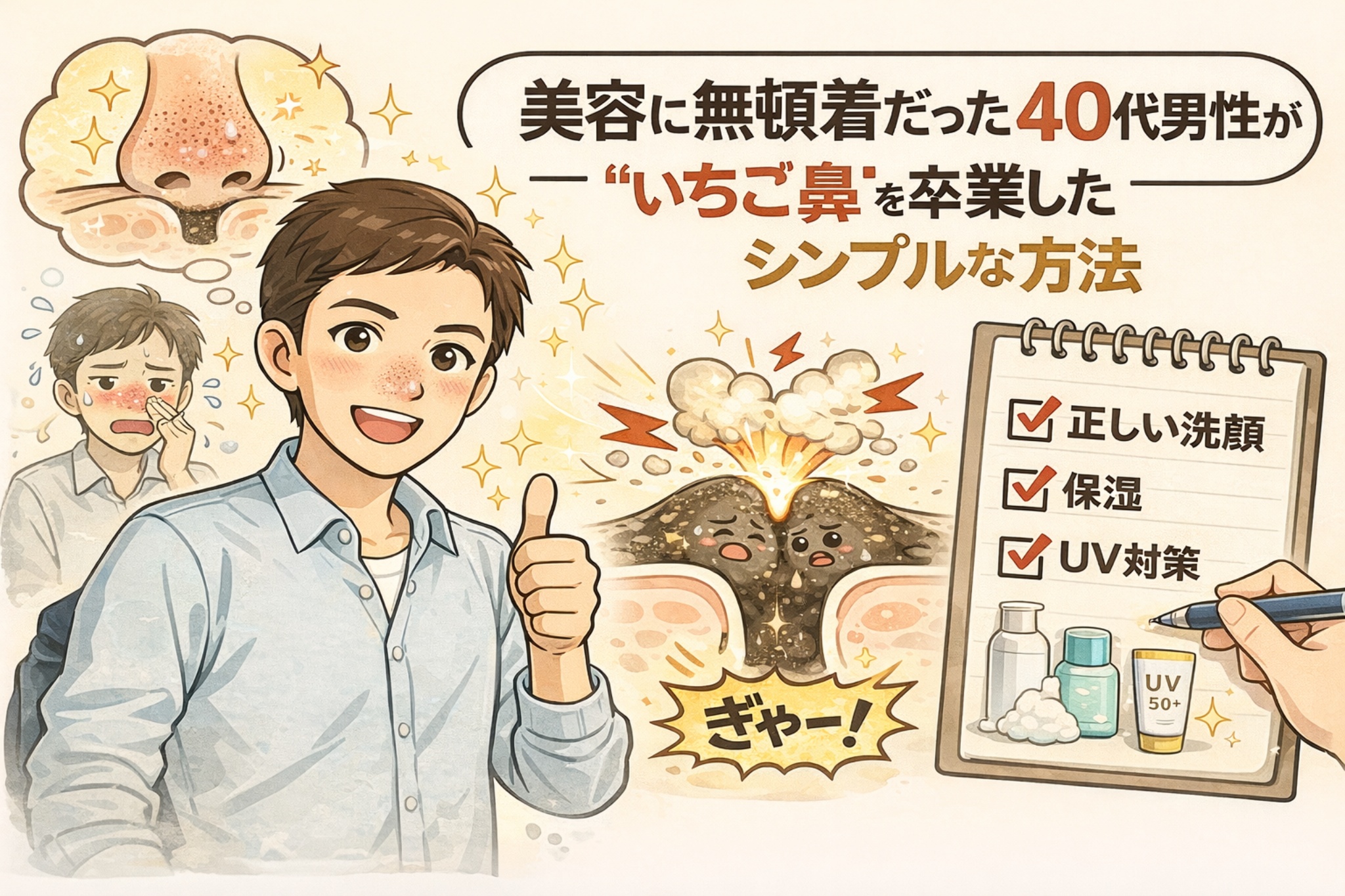 美容に無頓着だった40代男性が、いちご鼻の悩みから卒業したシンプルなケア方法を紹介するイラスト。正しい洗顔・保湿・UV対策の基本をチェックリストで示し、生活習慣を整えることで毛穴トラブルが目立ちにくくなる考え方をわかりやすく伝えている。