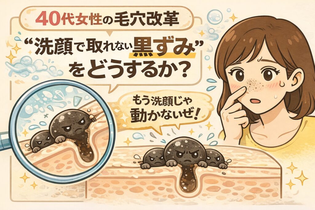 40代女性の毛穴悩みとして「洗顔で取れない黒ずみ」を解説する図解イラスト。鼻の黒ずみを気にする女性と、拡大図では毛穴内部に固着した角栓が描かれ、洗顔だけでは動かない状態が表現されている。黒ずみ角栓が毛穴に定着している様子を通じて、40代特有の毛穴構造の変化とケアの必要性をわかりやすく伝えるビジュアル。