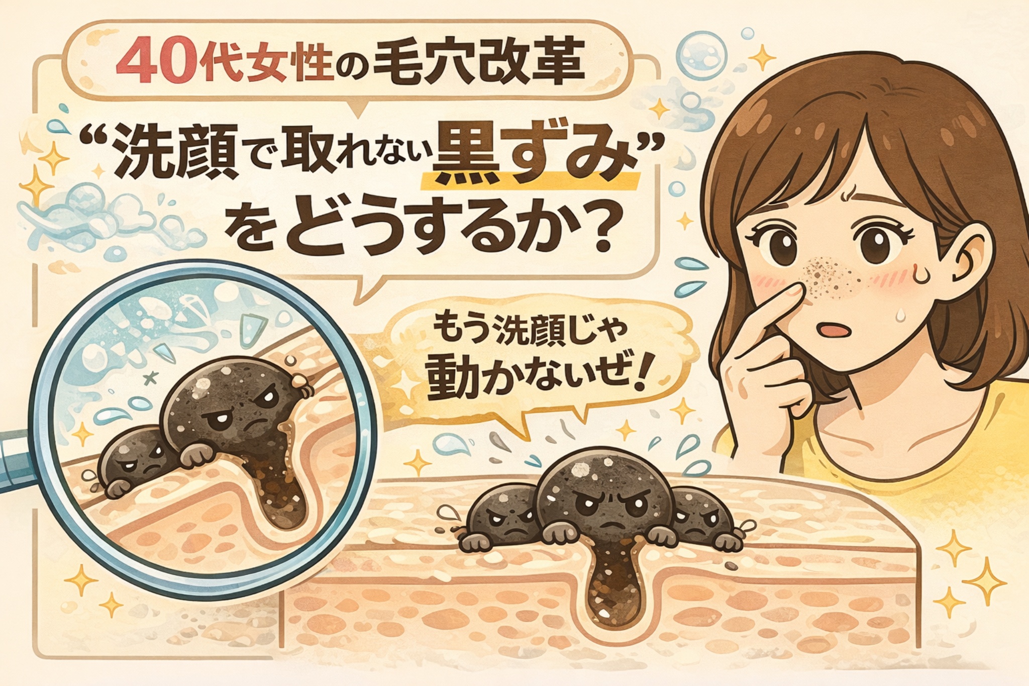 40代女性の毛穴悩みとして「洗顔で取れない黒ずみ」を解説する図解イラスト。鼻の黒ずみを気にする女性と、拡大図では毛穴内部に固着した角栓が描かれ、洗顔だけでは動かない状態が表現されている。黒ずみ角栓が毛穴に定着している様子を通じて、40代特有の毛穴構造の変化とケアの必要性をわかりやすく伝えるビジュアル。