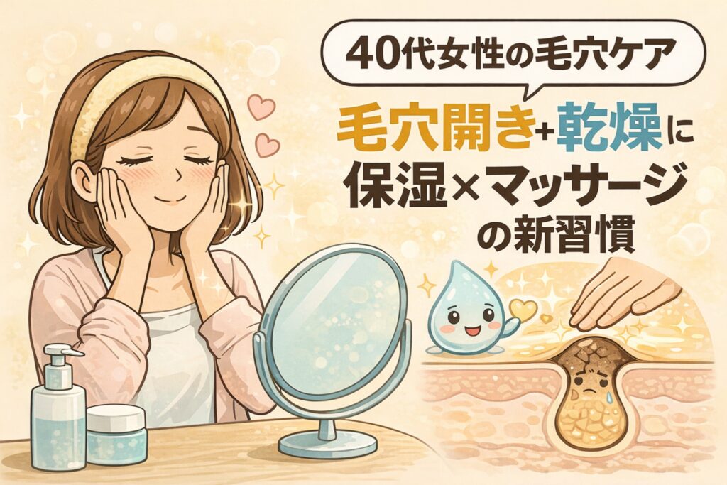 40代女性が洗面台の前でスキンケアを行い、毛穴の開きと乾燥に対して保湿とマッサージを組み合わせた新習慣を実践している様子を描いたイラスト。毛穴断面図と保湿成分の擬人化キャラクターが、乾燥による毛穴トラブルとケアの考え方を分かりやすく表現している。