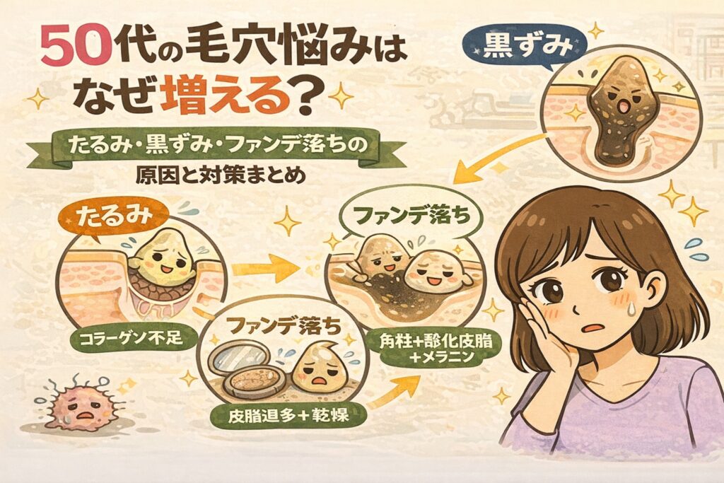 50代で毛穴の悩みが増える理由を、たるみ・黒ずみ・ファンデ落ちの3要素から解説したイラスト図解。コラーゲン不足によるたるみ、皮脂過多と乾燥の混在、角栓と酸化皮脂・メラニンの影響を、毛穴断面図と女性の表情でわかりやすく示している。
