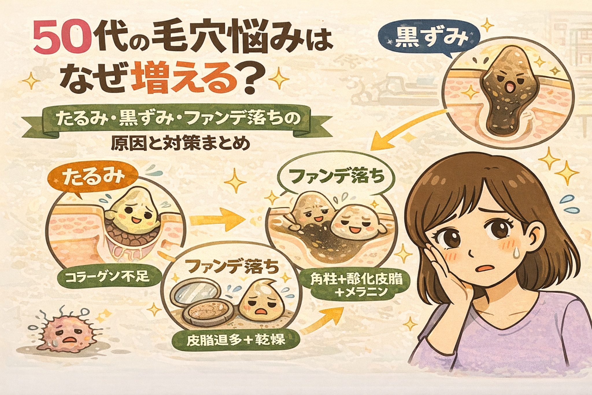 50代で毛穴の悩みが増える理由を、たるみ・黒ずみ・ファンデ落ちの3要素から解説したイラスト図解。コラーゲン不足によるたるみ、皮脂過多と乾燥の混在、角栓と酸化皮脂・メラニンの影響を、毛穴断面図と女性の表情でわかりやすく示している。