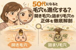 50代になると毛穴がどのように変化するのかを、開き毛穴と詰まり毛穴の違いとして解説したイラスト。加齢に伴う肌変化によって毛穴構造が変わり、開きやすい毛穴と角栓が詰まりやすい毛穴がそれぞれ進行する様子を、毛穴断面図で比較して示している。